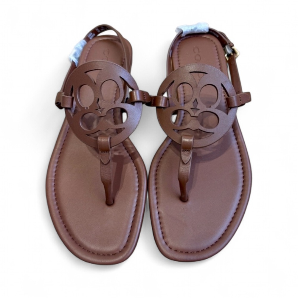 Coach Brown Leather Logo Cutout Thong Sandals